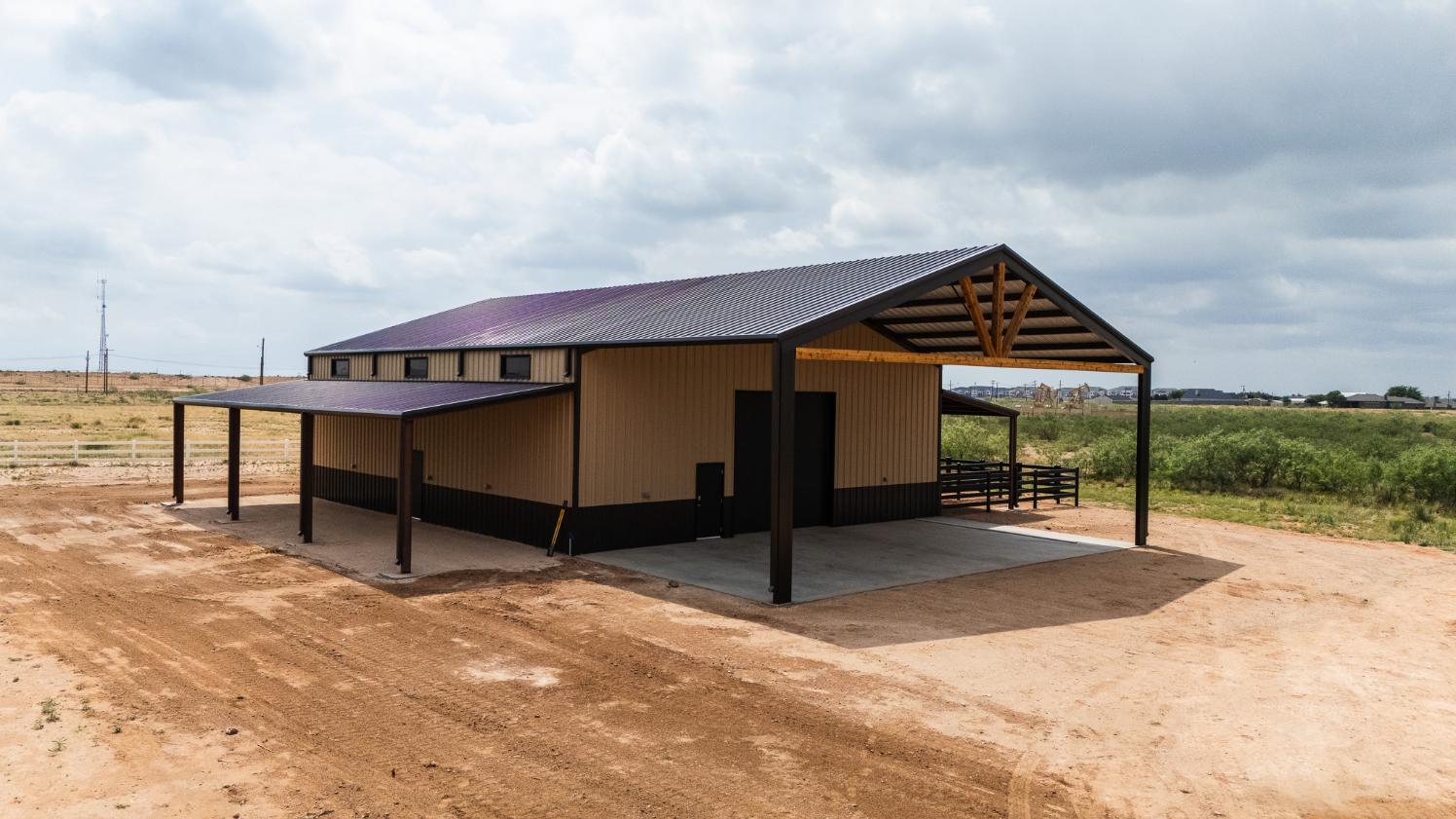 Drone view of a metal ranch shop built by Best In The West Construction in West Texas